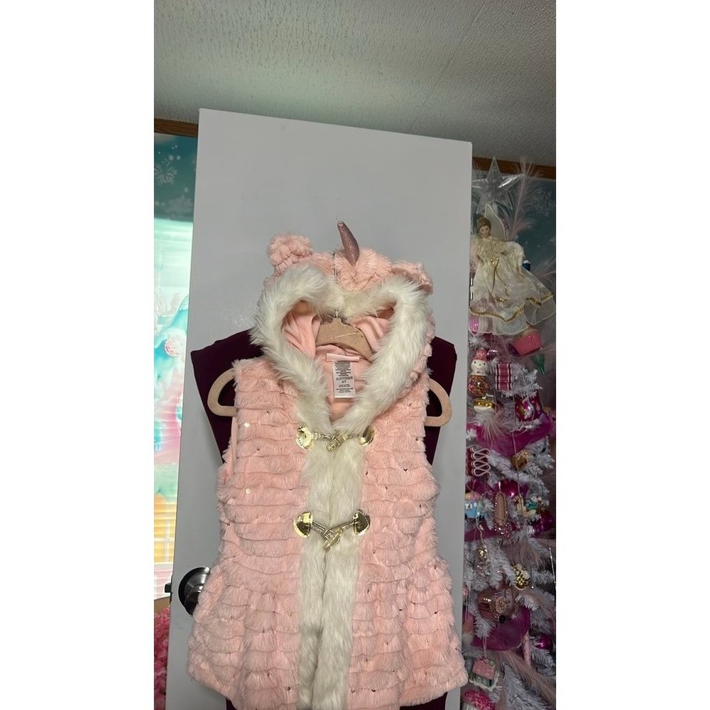 Little Lass Unicorn Faux Fur Vest Kids 3T Pink Good Hooded Sequins Toggle